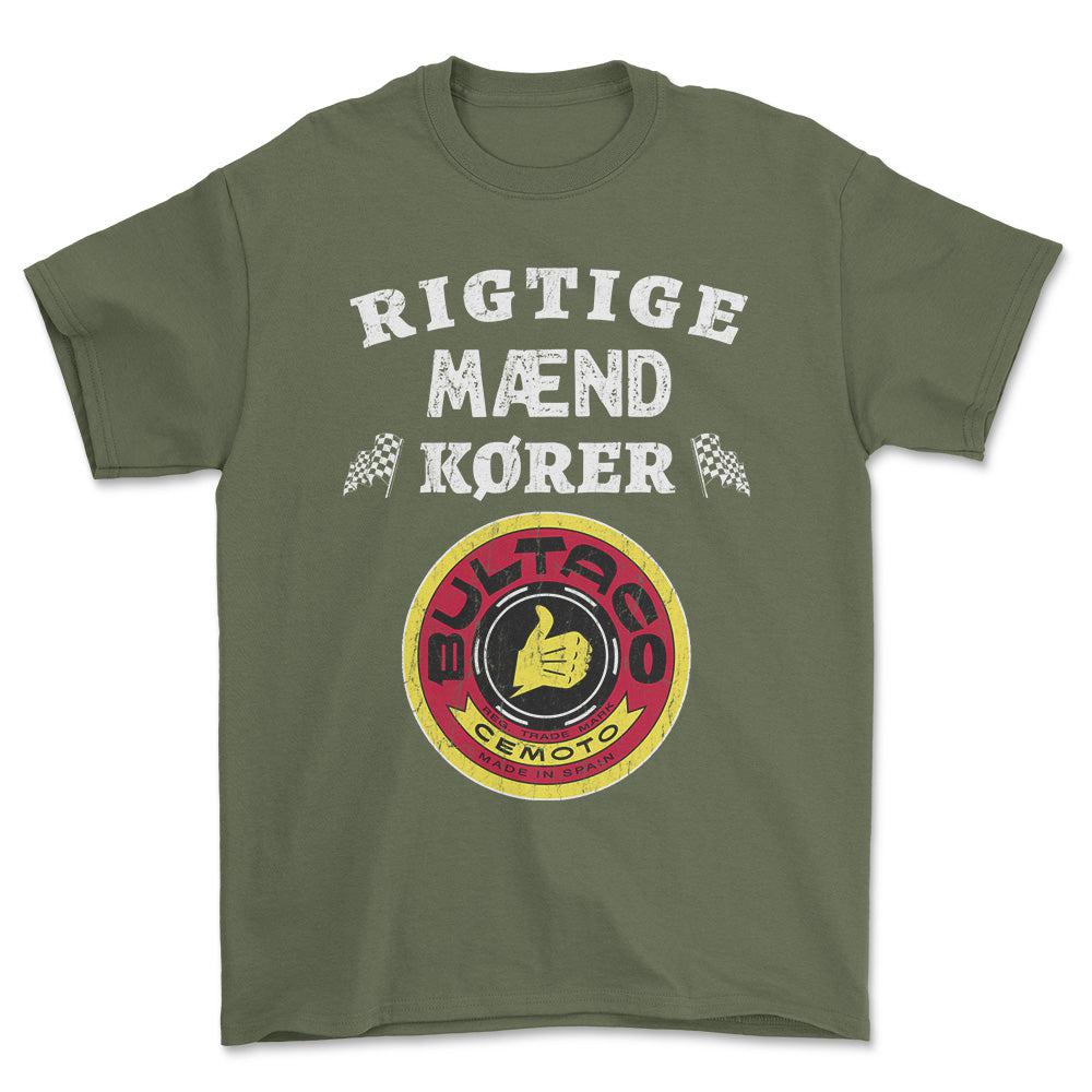 Bultaco Rigtige Mænd Kører - Unisex T-Shirt , Bomuld-Beklædning-Bultaco-Grøn Militær-S-Forside-Garage Culture Shop- garage - man cave - merchandise