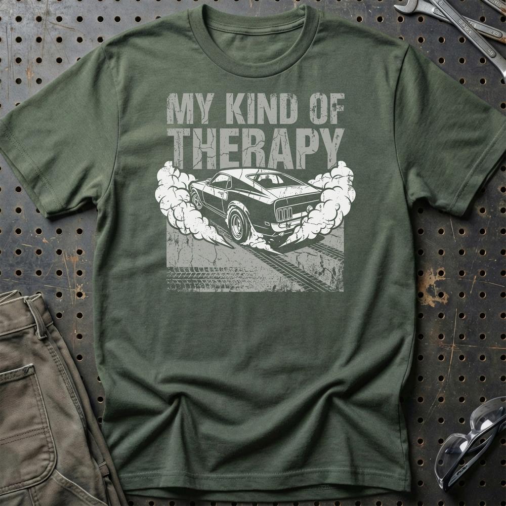 Burn Out My Kind Of Therapy - Unisex T-Shirt , Bomuld-Beklædning-Garage Culture-Grøn Militær-S-Garage Culture Shop- garage - man cave - merchandise