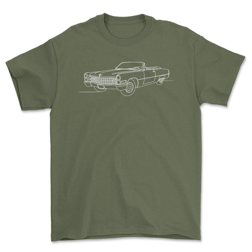 Cadillac DeVille Convertible 1966 - One Line Style Unisex T-Shirt-Beklædning-Cadillac-Grøn Militær-S-Forside-Garage Culture Shop- garage - man cave - merchandise