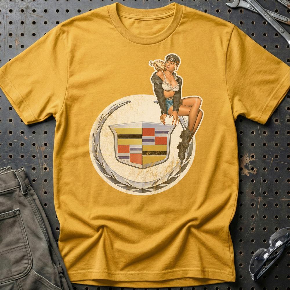 Cadillac Pinup - Unisex T-Shirt , Bomuld-Beklædning-Cadillac-Guld-S-Garage Culture Shop- garage - man cave - merchandise
