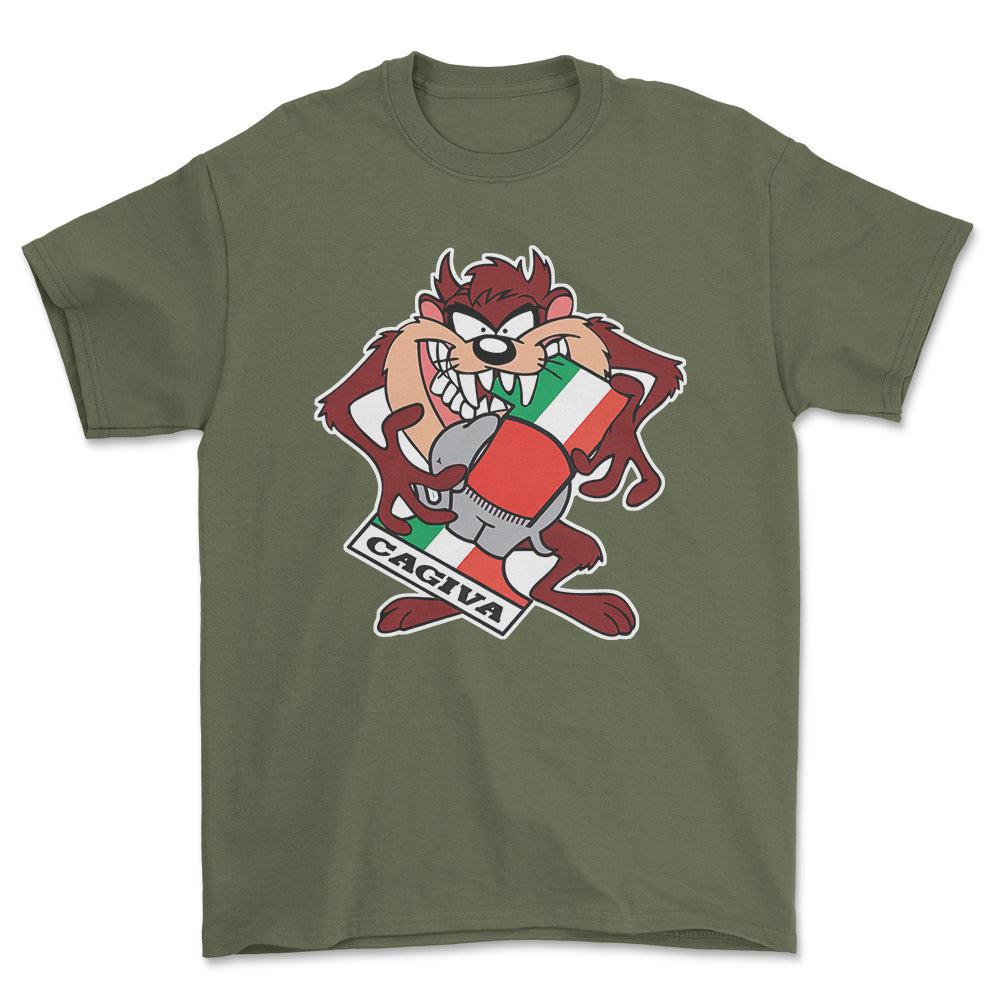 Cagiva TAZ Unisex T-Shirt , Bomuld-Beklædning-Cagiva-Grøn Militær-S-Forside-Garage Culture Shop- garage - man cave - merchandise
