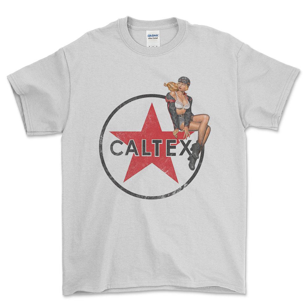 Caltex Pinup - Unisex T-Shirt , Bomuld-Beklædning-Motoroil-Hvid-S-Forside-Garage Culture Shop- garage - man cave - merchandise