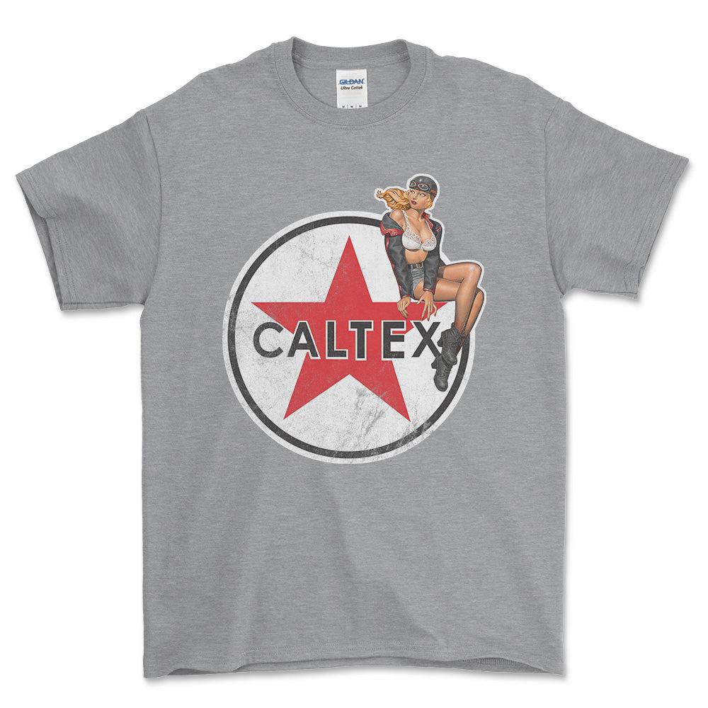 Caltex Pinup - Unisex T-Shirt , Bomuld-Beklædning-Motoroil-Grå Sport-S-Forside-Garage Culture Shop- garage - man cave - merchandise