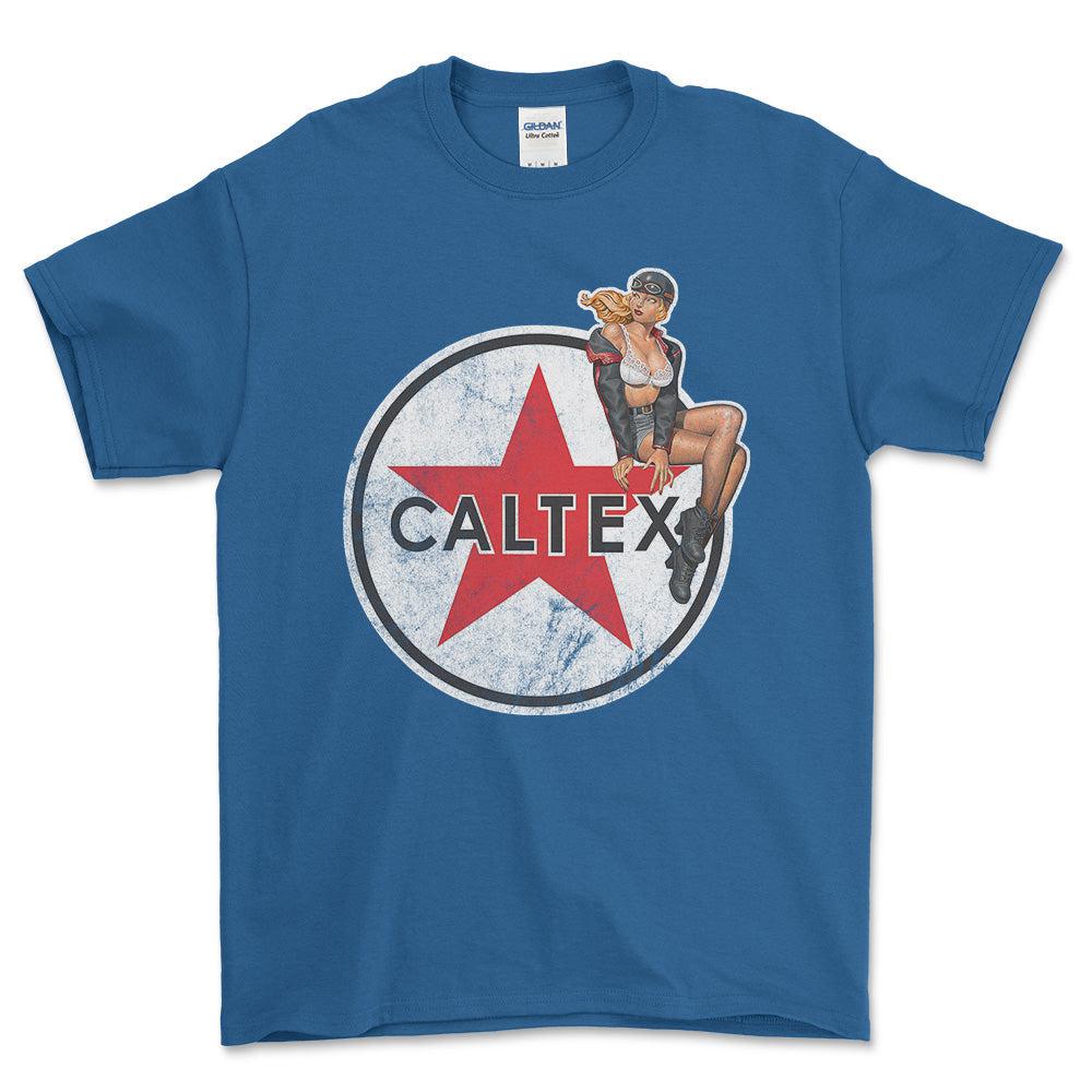 Caltex Pinup - Unisex T-Shirt , Bomuld-Beklædning-Motoroil-Blå Royal-S-Forside-Garage Culture Shop- garage - man cave - merchandise