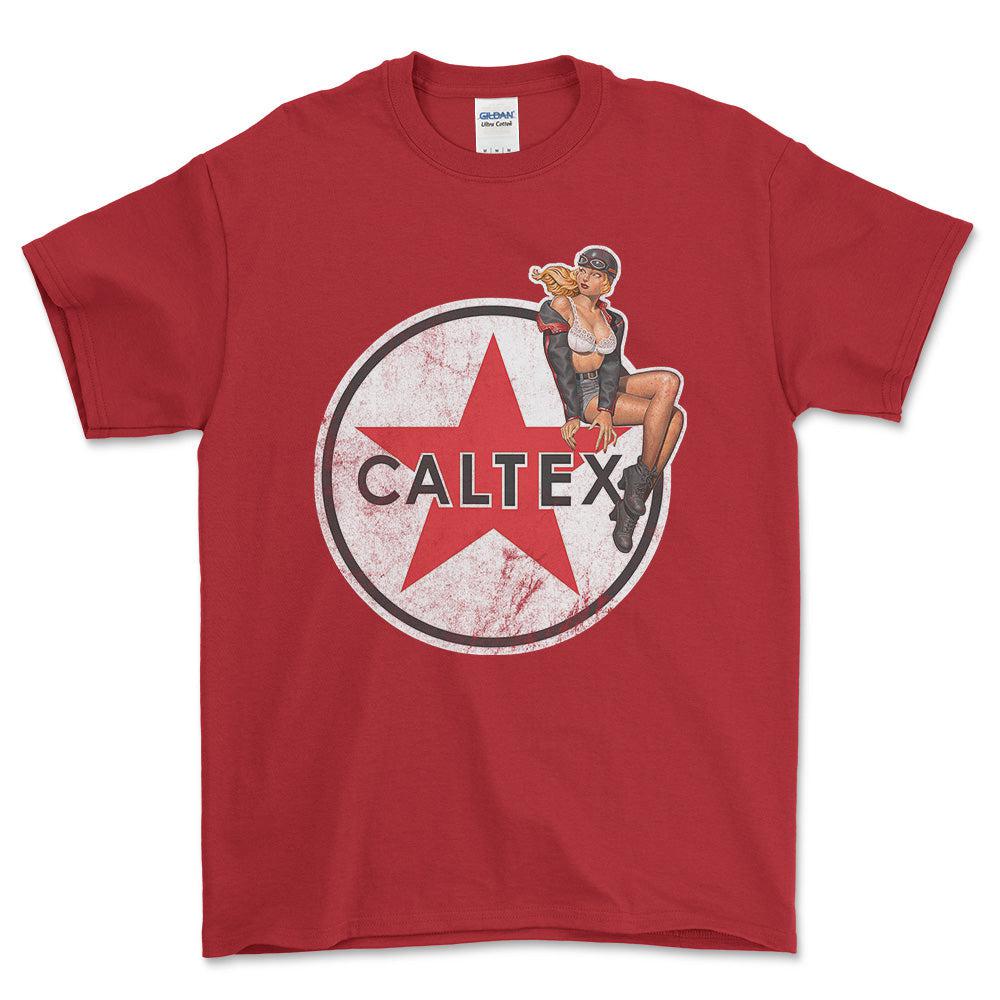 Caltex Pinup - Unisex T-Shirt , Bomuld-Beklædning-Motoroil-Rød-S-Forside-Garage Culture Shop- garage - man cave - merchandise