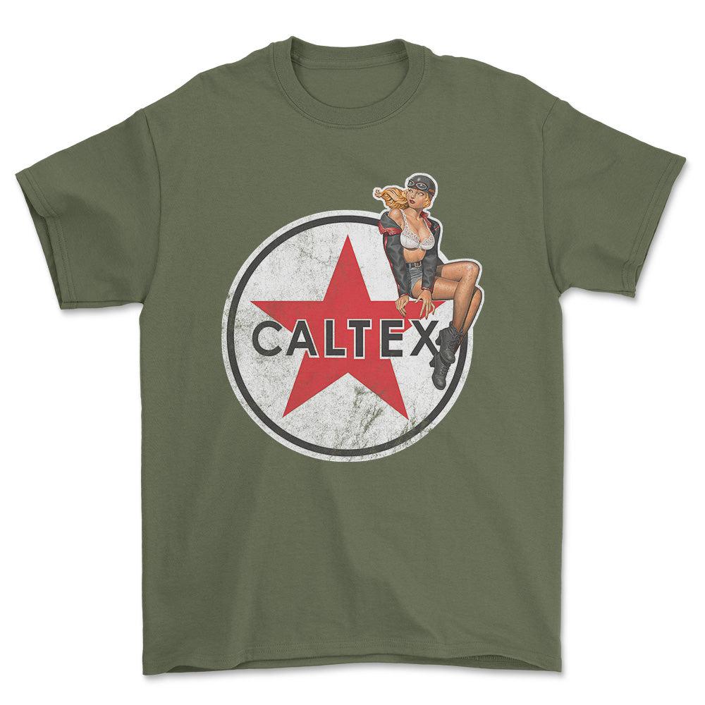 Caltex Pinup - Unisex T-Shirt , Bomuld-Beklædning-Motoroil-Grøn Militær-S-Forside-Garage Culture Shop- garage - man cave - merchandise