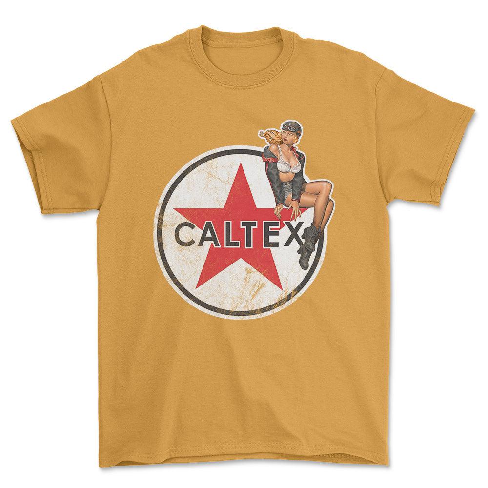 Caltex Pinup - Unisex T-Shirt , Bomuld-Beklædning-Motoroil-Guld-S-Forside-Garage Culture Shop- garage - man cave - merchandise
