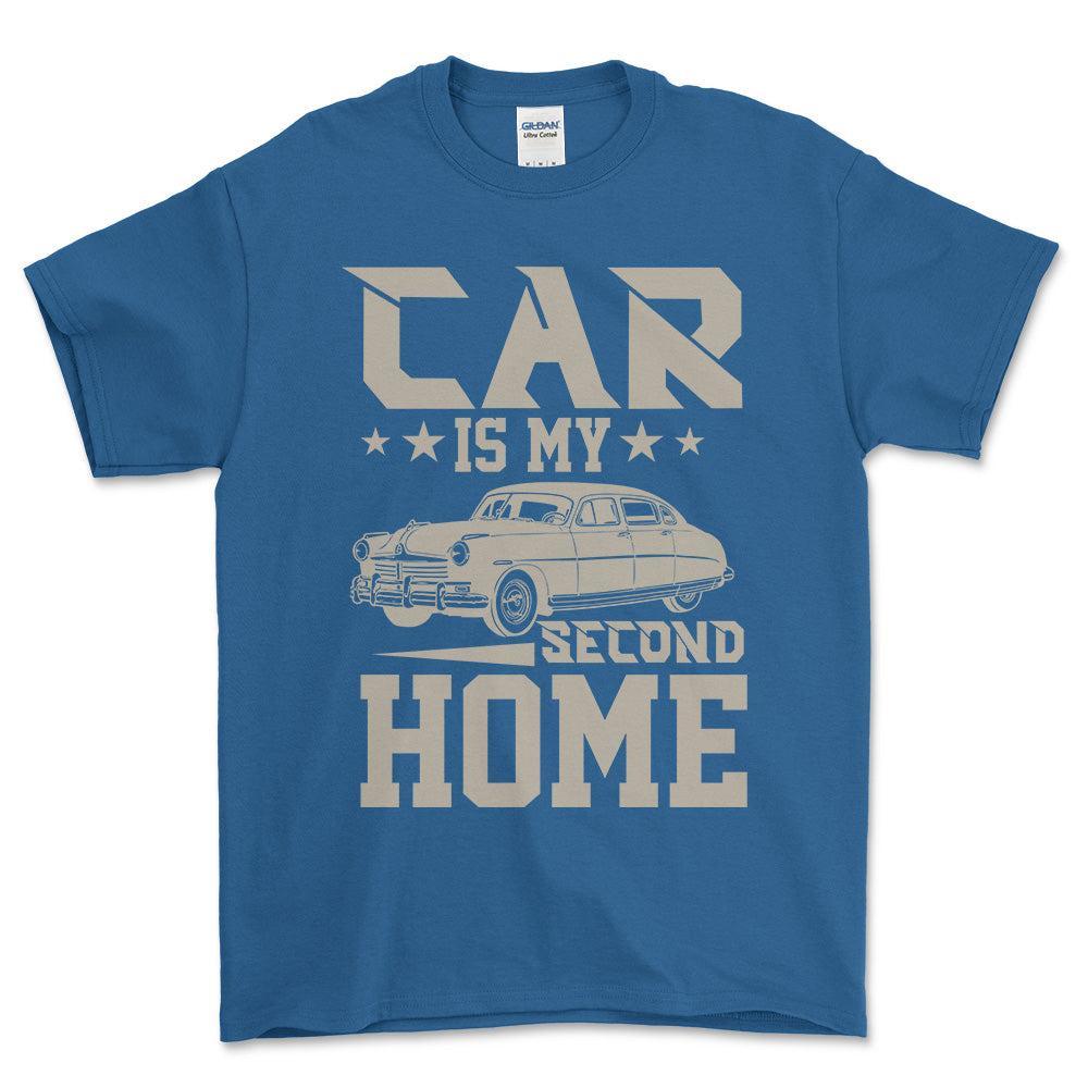 Car Is My Second Home T-Shirt , Bomuld-Beklædning-Garage Culture-Blå Royal-S-Forside-Garage Culture Shop- garage - man cave - merchandise