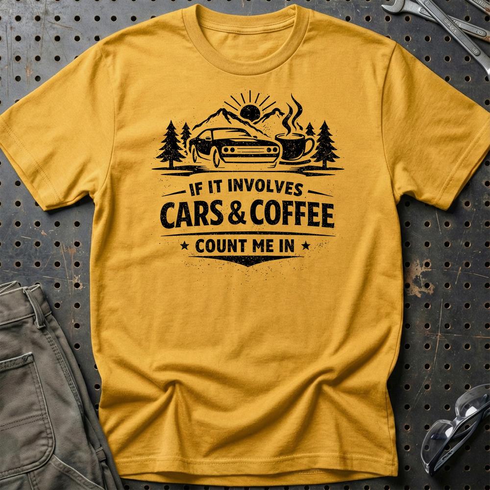 Cars & Coffee - Unisex T-Shirt , Bomuld-Beklædning-Garage Culture-Guld-S-Garage Culture Shop- garage - man cave - merchandise
