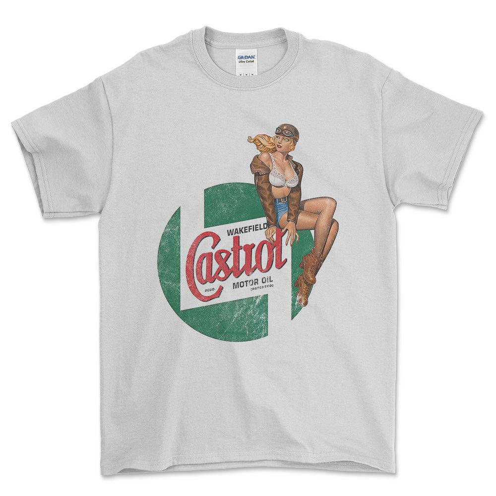 Castrol Pinup - Unisex T-Shirt , Bomuld-Beklædning-Motoroil-Hvid-S-Forside-Garage Culture Shop- garage - man cave - merchandise