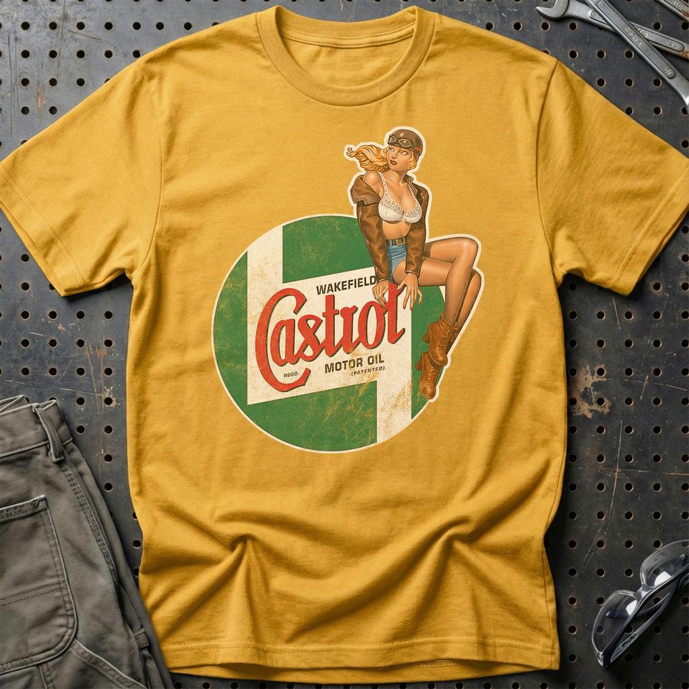 Castrol Pinup - Unisex T-Shirt , Bomuld-Beklædning-Motoroil-Guld-S-Garage Culture Shop- garage - man cave - merchandise