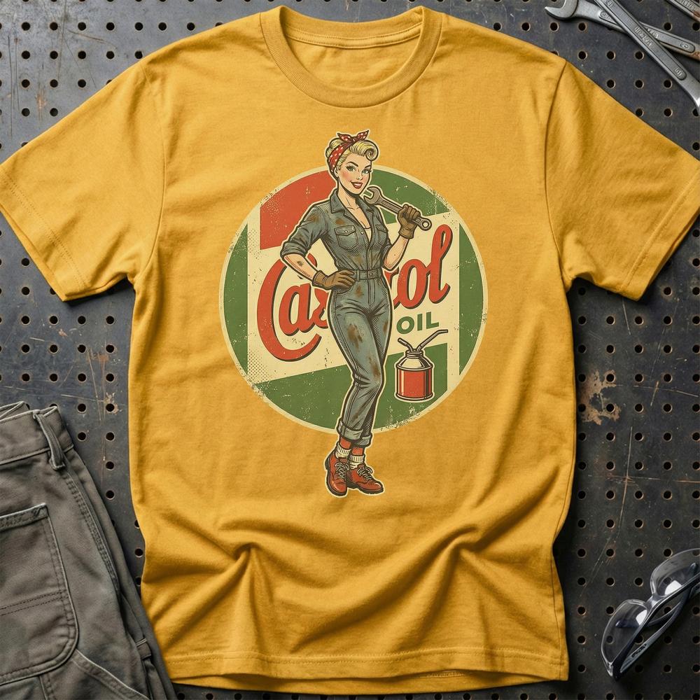 Castrol Pinup - Unisex T-Shirt , Bomuld-Beklædning-Motoroil-Guld-S-Garage Culture Shop- garage - man cave - merchandise