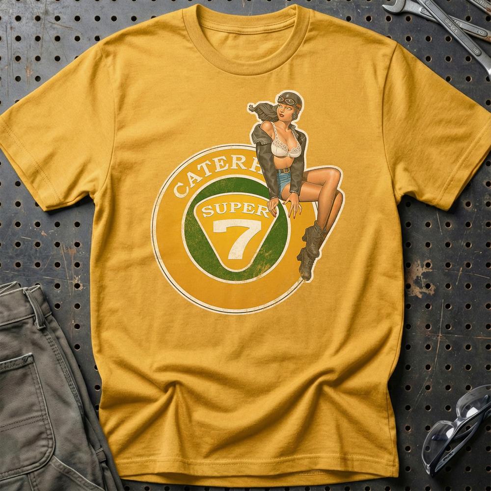 Caterham Super 7 Pinup - Unisex T-Shirt , Bomuld-Beklædning-Caterham-Guld-S-Garage Culture Shop- garage - man cave - merchandise