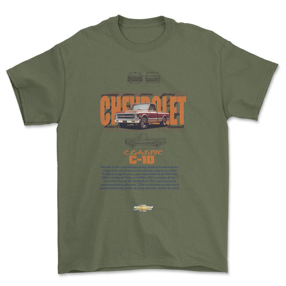 Chevrolet C10 - Unisex T-Shirt , Bomuld-Beklædning-Chevrolet-Grøn Militær-S-Forside-Garage Culture Shop- garage - man cave - merchandise