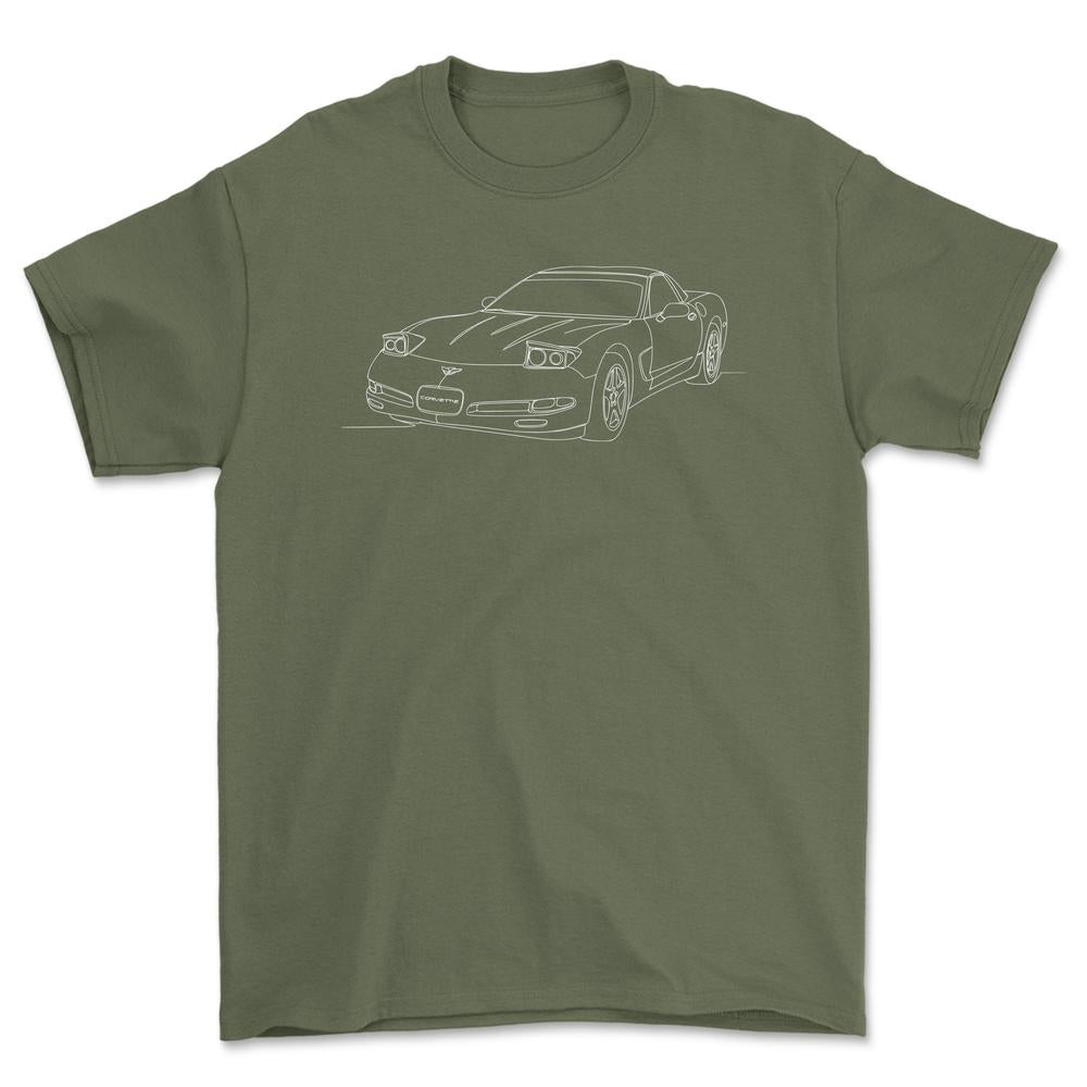 Chevrolet Corvette C5 - One Line Style Unisex T-Shirt-Beklædning-Chevrolet-Grøn Militær-S-Forside-Garage Culture Shop- garage - man cave - merchandise