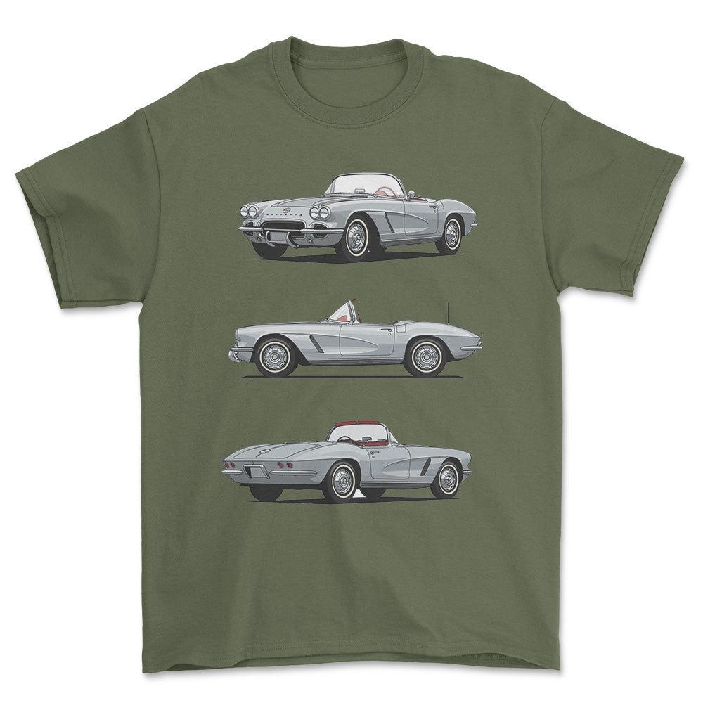 Chevrolet Corvette Convertible 1962 - Unisex T-Shirt-Beklædning-Chevrolet-Grøn Militær-S-Forside-Garage Culture Shop- garage - man cave - merchandise