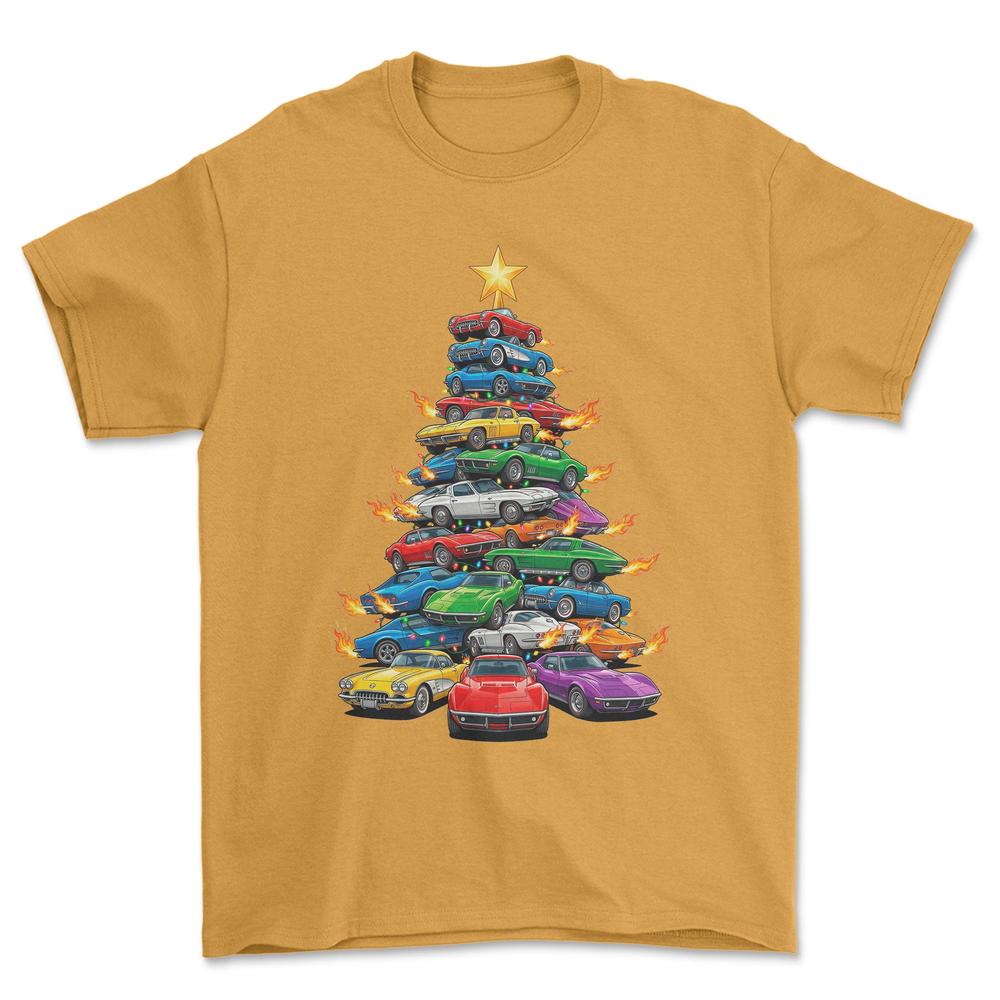 Chevrolet Corvette Juletræ Christmas Tree - Unisex T-Shirt-Beklædning-Chevrolet-Guld-S-Forside-Garage Culture Shop- garage - man cave - merchandise
