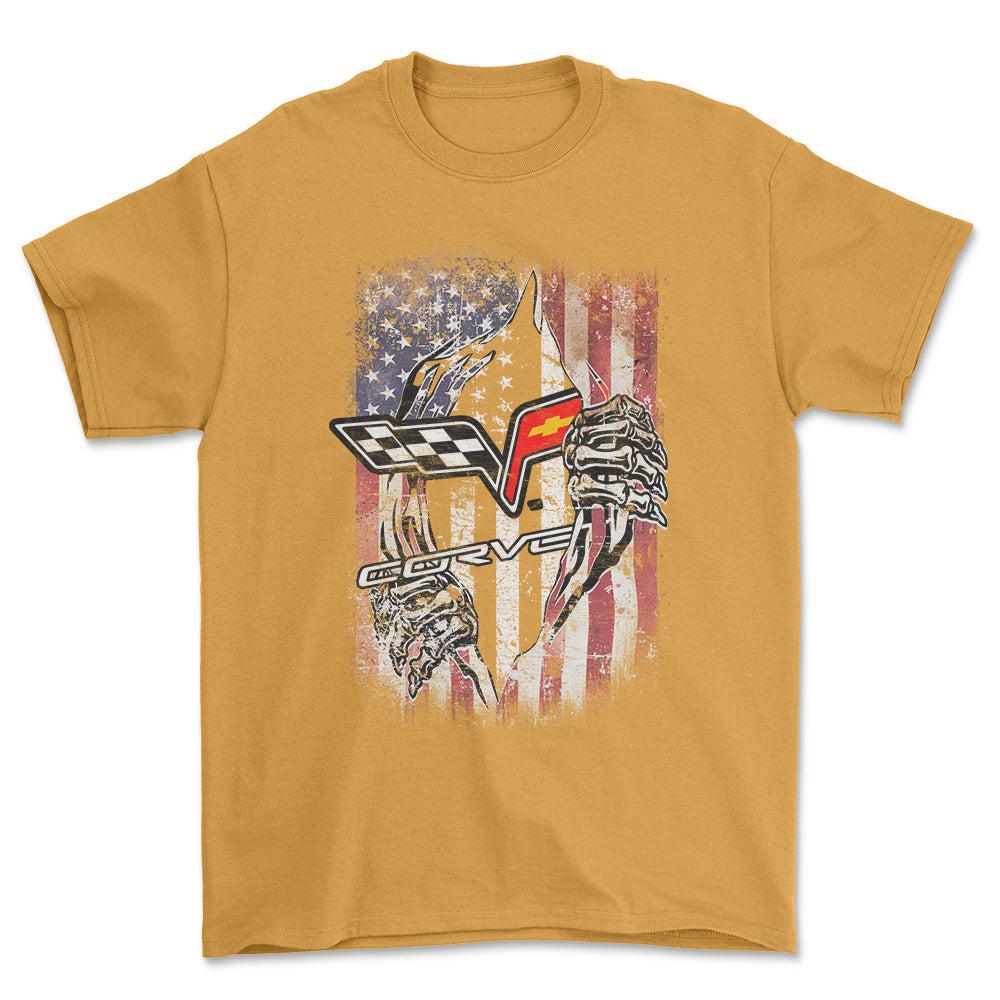 Chevrolet Corvette US Flag Unisex T-Shirt , Bomuld-Beklædning-Chevrolet-Guld-S-Forside-Garage Culture Shop- garage - man cave - merchandise
