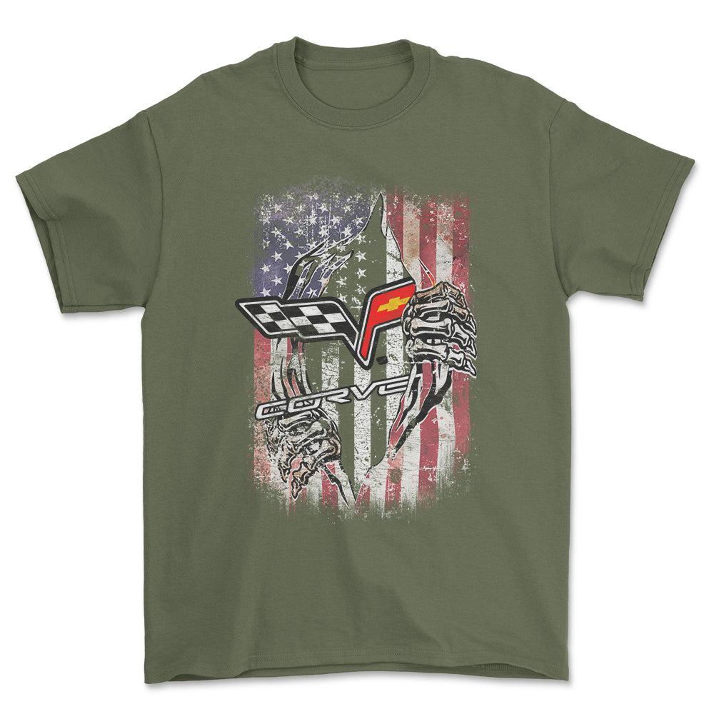 Chevrolet Corvette US Flag Unisex T-Shirt , Bomuld-Beklædning-Chevrolet-Grøn Militær-S-Forside-Garage Culture Shop- garage - man cave - merchandise