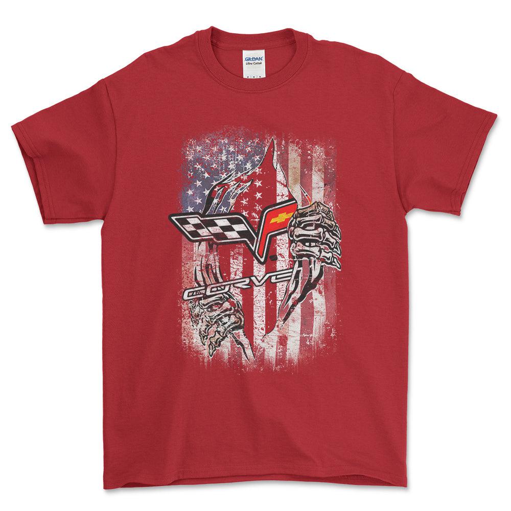 Chevrolet Corvette US Flag Unisex T-Shirt , Bomuld-Beklædning-Chevrolet-Rød-S-Forside-Garage Culture Shop- garage - man cave - merchandise