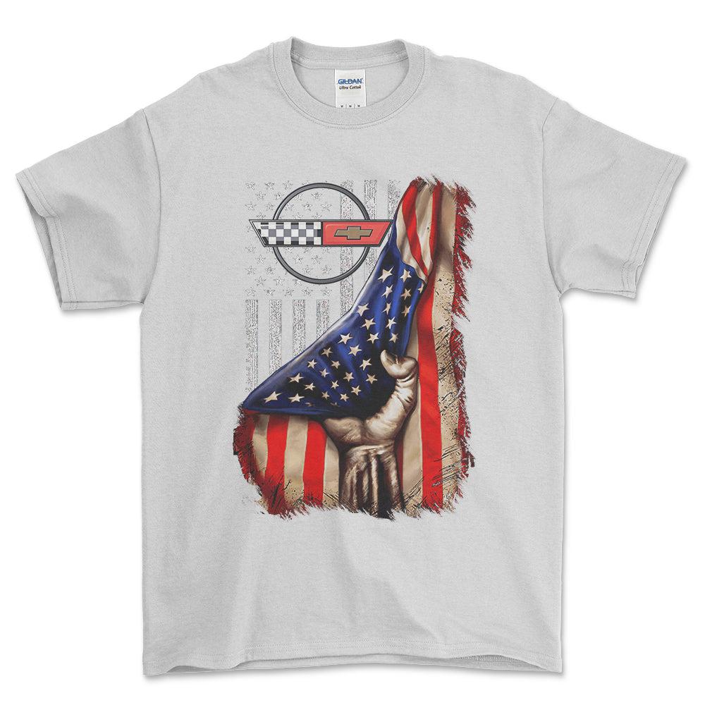 Chevrolet Corvette USA Flag Unisex T-Shirt , Bomuld-Beklædning-Chevrolet-Hvid-S-Forside-Garage Culture Shop- garage - man cave - merchandise