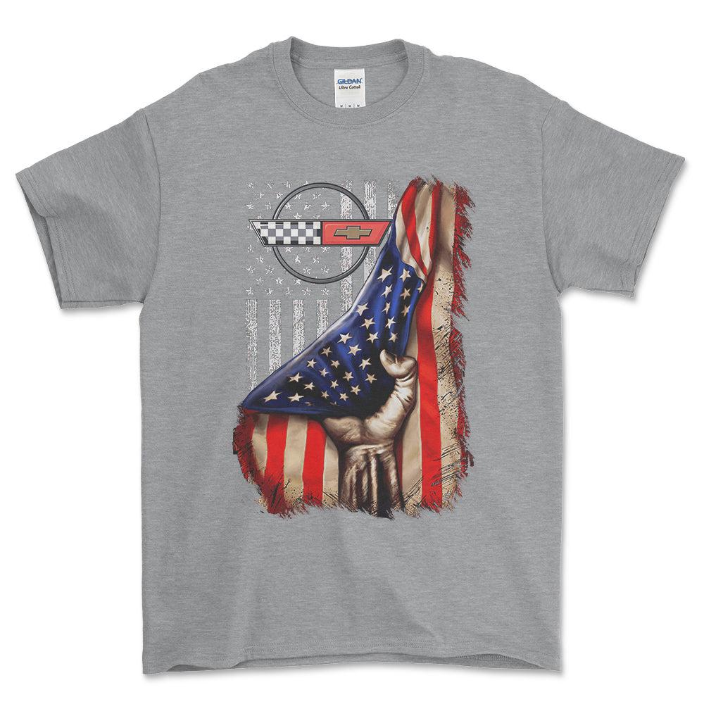 Chevrolet Corvette USA Flag Unisex T-Shirt , Bomuld-Beklædning-Chevrolet-Grå Sport-S-Forside-Garage Culture Shop- garage - man cave - merchandise
