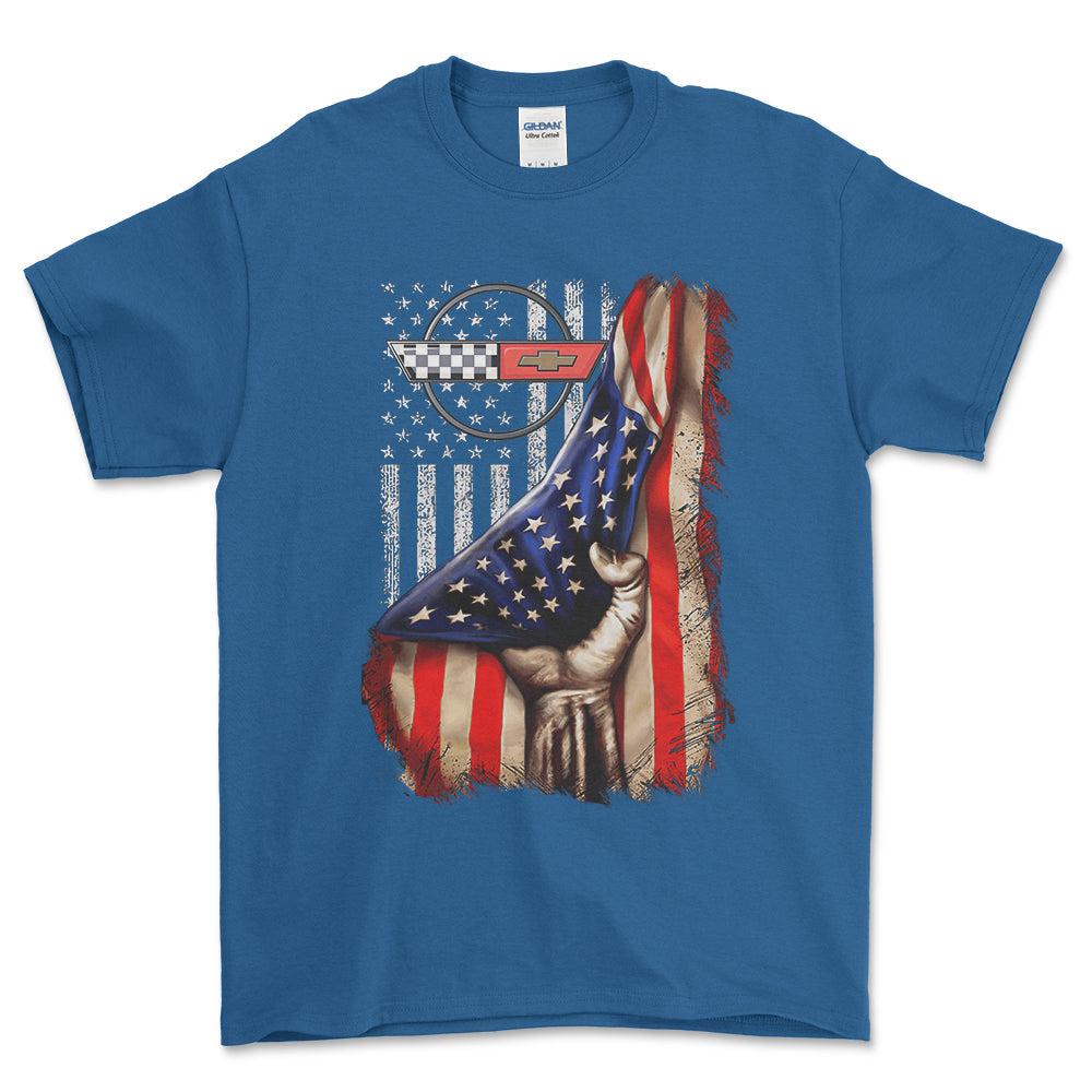 Chevrolet Corvette USA Flag Unisex T-Shirt , Bomuld-Beklædning-Chevrolet-Blå Royal-S-Forside-Garage Culture Shop- garage - man cave - merchandise