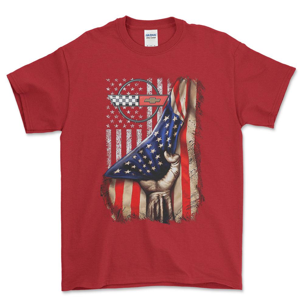 Chevrolet Corvette USA Flag Unisex T-Shirt , Bomuld-Beklædning-Chevrolet-Rød-S-Forside-Garage Culture Shop- garage - man cave - merchandise