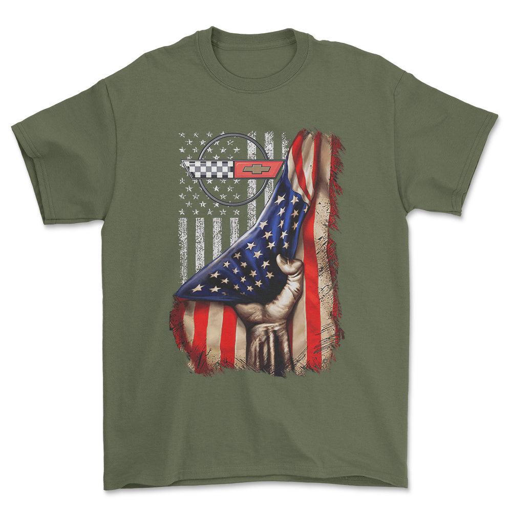 Chevrolet Corvette USA Flag Unisex T-Shirt , Bomuld-Beklædning-Chevrolet-Grøn Militær-S-Forside-Garage Culture Shop- garage - man cave - merchandise