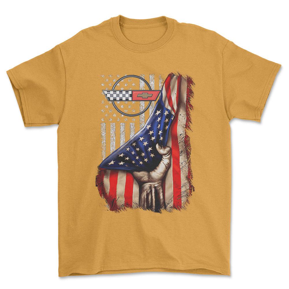 Chevrolet Corvette USA Flag Unisex T-Shirt , Bomuld-Beklædning-Chevrolet-Guld-S-Forside-Garage Culture Shop- garage - man cave - merchandise