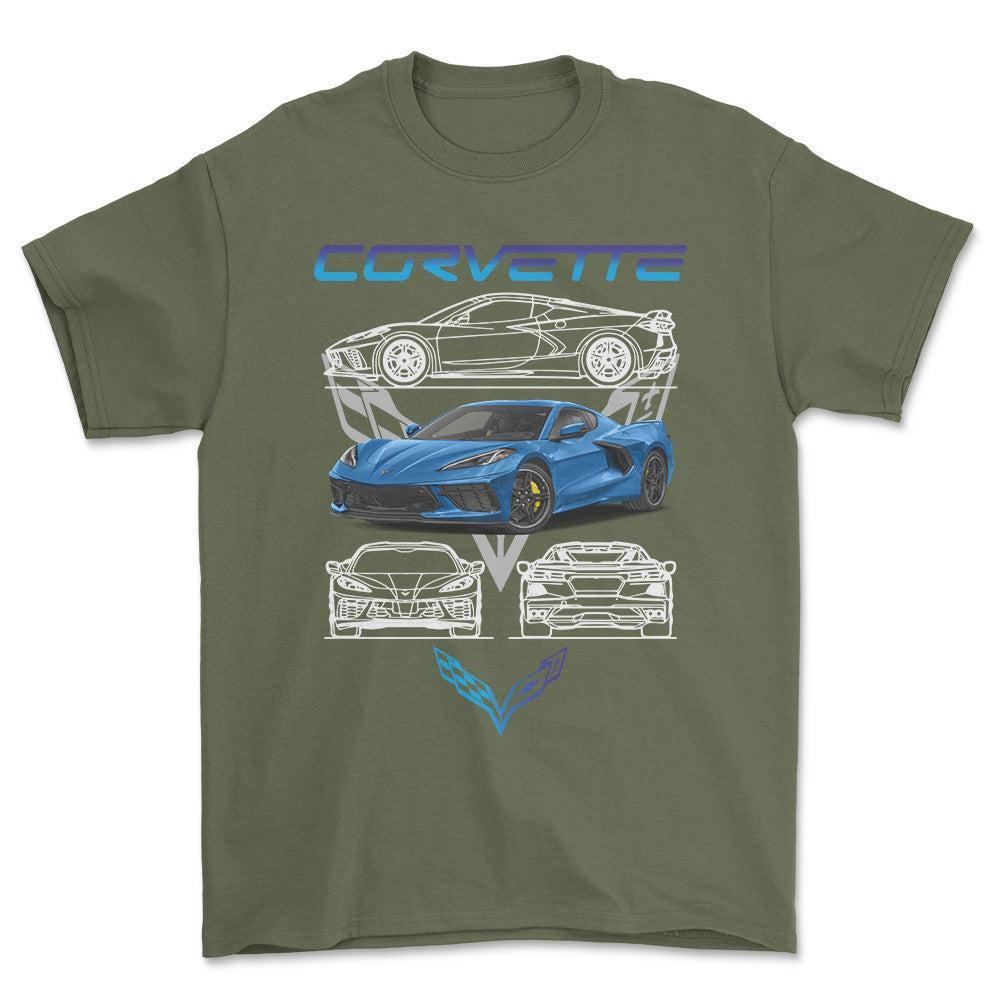 Chevrolet Corvette - Unisex T-Shirt , Bomuld-Beklædning-Chevrolet-Grøn Militær-S-Forside-Garage Culture Shop- garage - man cave - merchandise