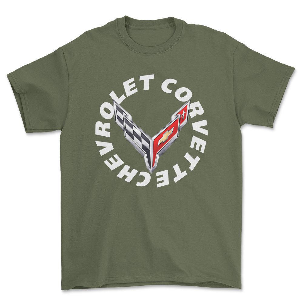 Chevrolet Corvette - Unisex T-Shirt , Bomuld-Beklædning-Chevrolet-Grøn Militær-S-Forside-Garage Culture Shop- garage - man cave - merchandise