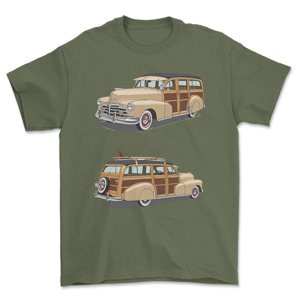 Chevrolet Woody Wagon 1948 - One Line Style Unisex T-Shirt-Beklædning-Chevrolet-Grøn Militær-S-Forside-Garage Culture Shop- garage - man cave - merchandise