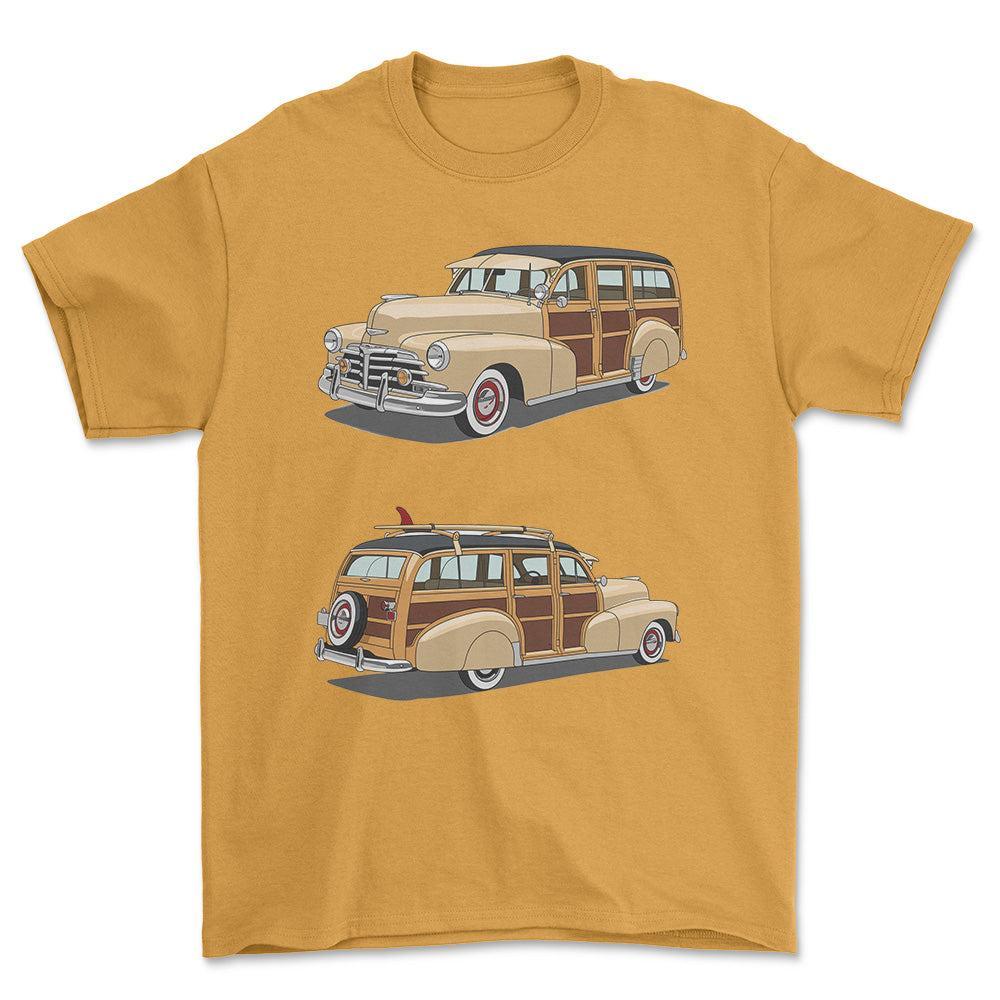 Chevrolet Woody Wagon 1948 - One Line Style Unisex T-Shirt-Beklædning-Chevrolet-Guld-S-Forside-Garage Culture Shop- garage - man cave - merchandise