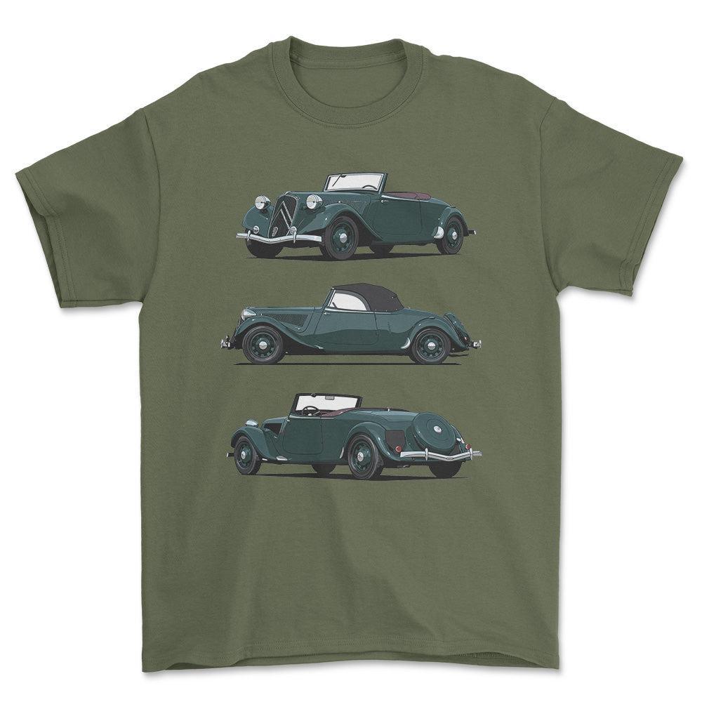 Citroen 15 CV Roadster 1939 - Unisex T-Shirt-Beklædning-Citroen-Grøn Militær-S-Forside-Garage Culture Shop- garage - man cave - merchandise