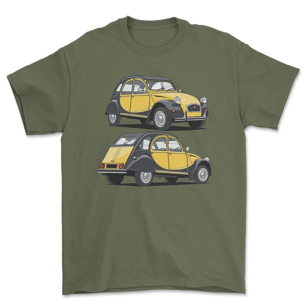 Citroën 2CV6 Charleston 1985 - Unisex T-Shirt-Beklædning-Citroen-Grøn Militær-S-Forside-Garage Culture Shop- garage - man cave - merchandise