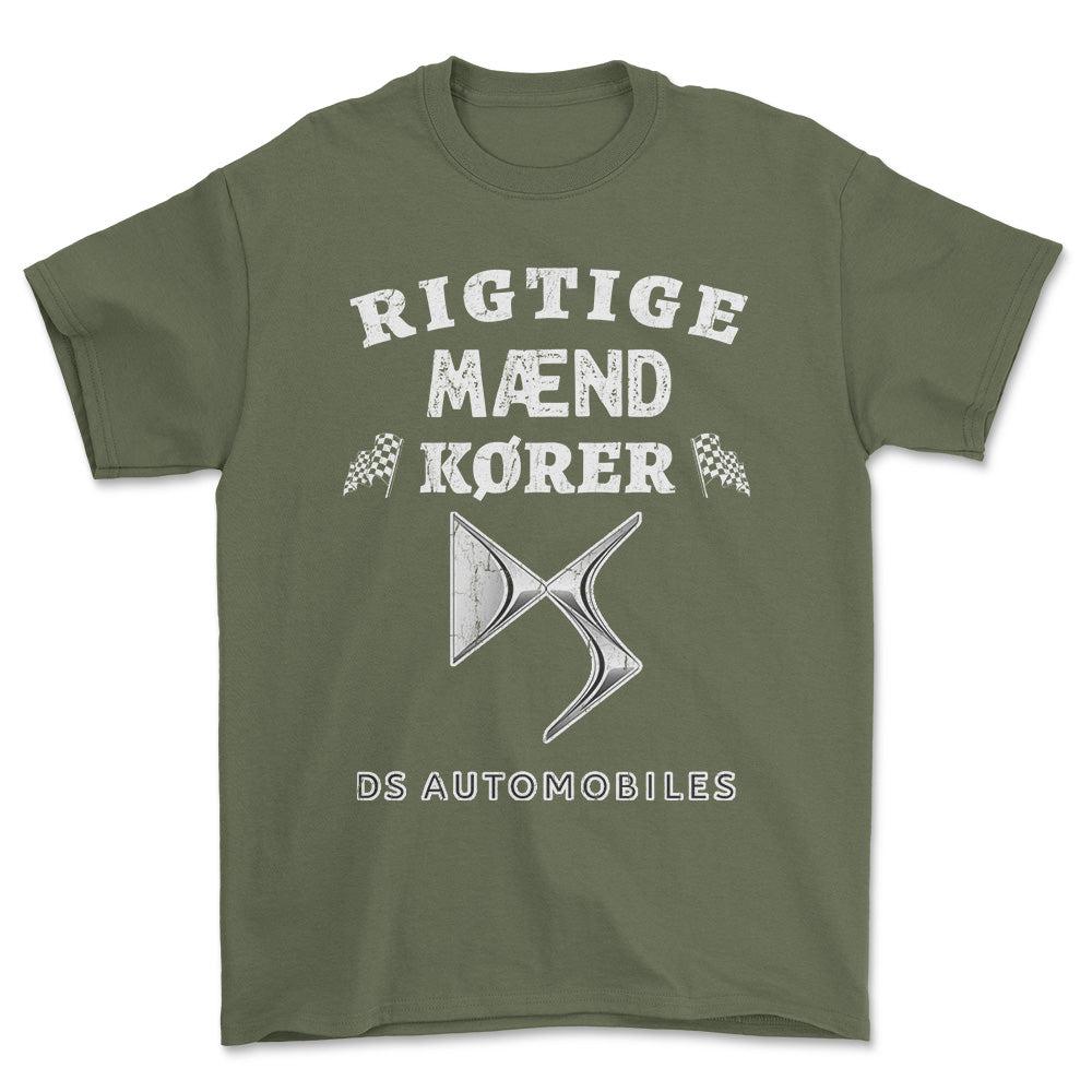 DS Automobiles Rigtige Mænd Kører - Unisex T-Shirt , Bomuld-Beklædning-DS Automobiles-Grøn Militær-S-Forside-Garage Culture Shop- garage - man cave - merchandise