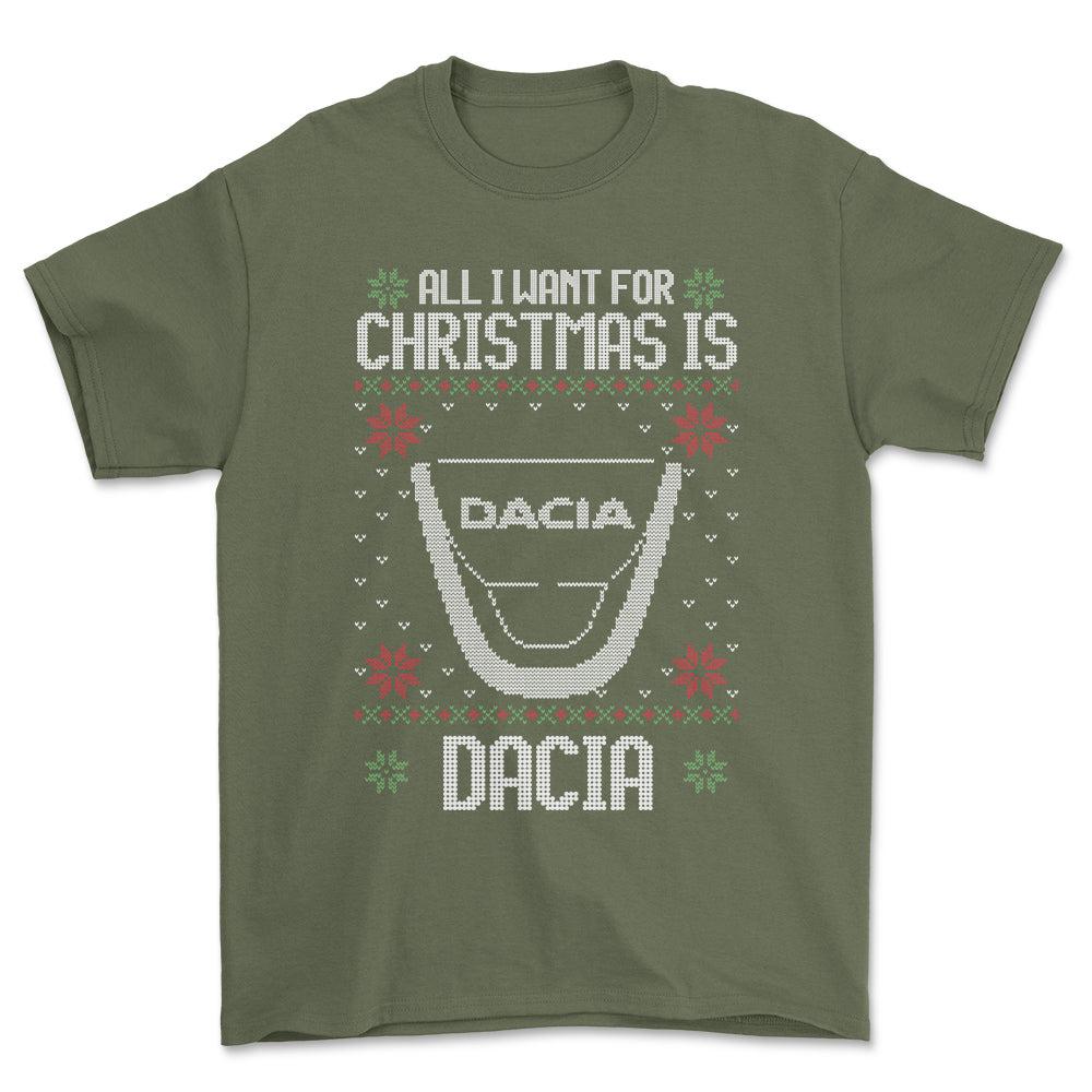 Dacia - All I Want For Christmas - Unisex T-Shirt , Bomuld-Beklædning-Dacia-Grøn Militær-S-Forside-Garage Culture Shop- garage - man cave - merchandise
