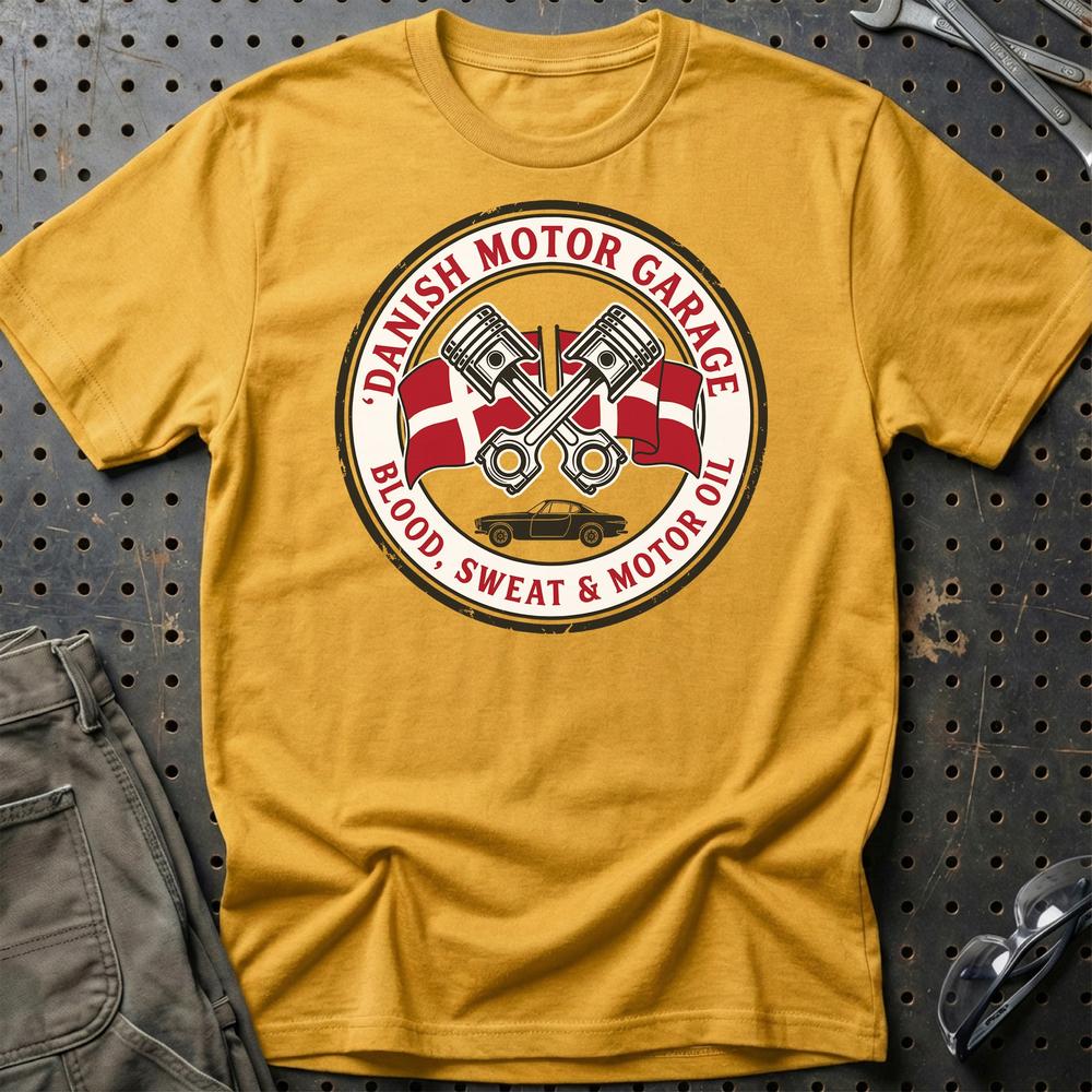 Danish Motor Garage Blood, Sweat & Motor Oil - Unisex T-Shirt , Bomuld-Beklædning-Garage Culture-Guld-S-Garage Culture Shop- garage - man cave - merchandise