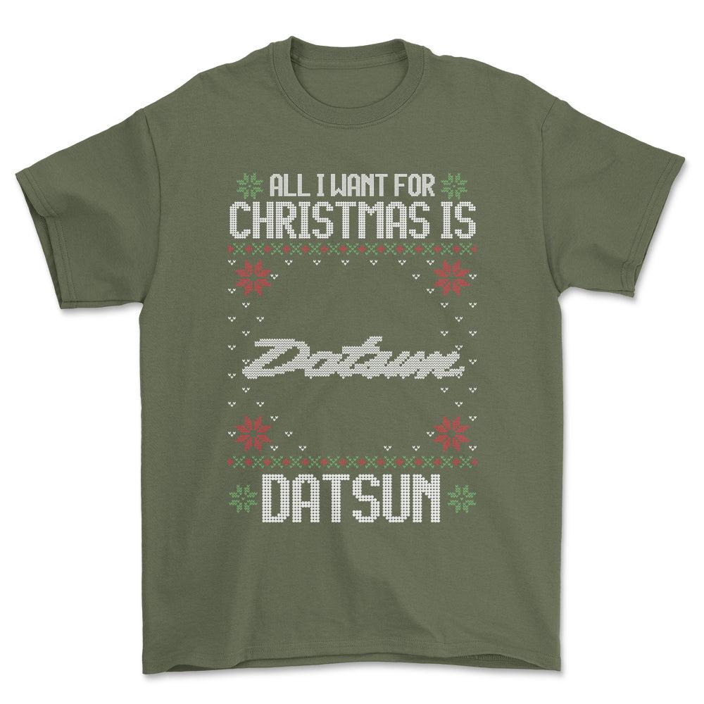 Datsun - All I Want For Christmas - Unisex T-Shirt , Bomuld-Beklædning-Datsun-Grøn Militær-S-Forside-Garage Culture Shop- garage - man cave - merchandise