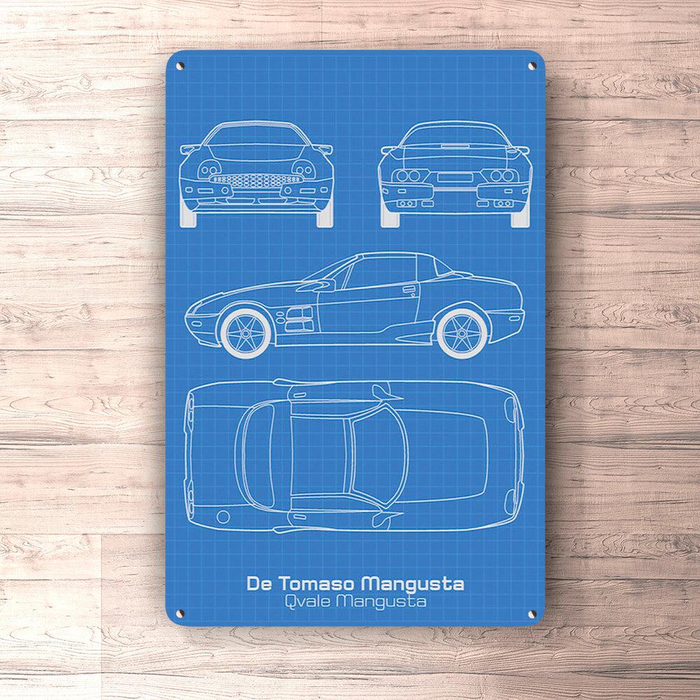 De Tomaso Mangusta (Qvale Mangusta) Blueprint Skilte, Musemåtte, Dørmåtte-Blueprint-De Tomaso-Garage Culture Shop- garage - man cave - merchandise