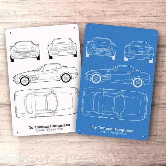 De Tomaso Mangusta (Qvale Mangusta) Blueprint Skilte, Musemåtte, Dørmåtte , Plakat-Blueprint-De Tomaso-Garage Culture Shop- garage - man cave - merchandise