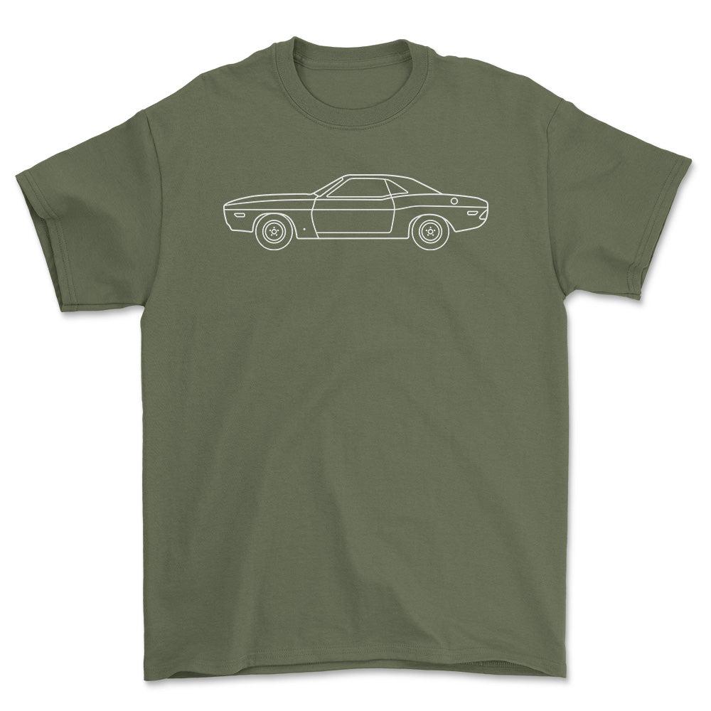 Dodge Challenger 1970 Outline - Unisex T-Shirt , Bomuld-Beklædning-Dodge-Grøn Militær-S-Forside-Garage Culture Shop- garage - man cave - merchandise