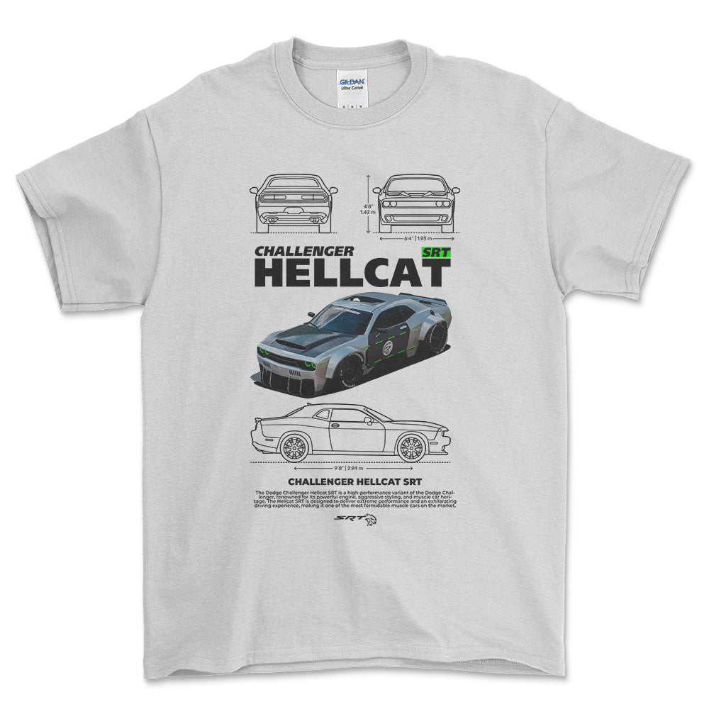 Dodge Challenger Hellcat SRT - Unisex T-Shirt , Bomuld-Beklædning-Dodge-Hvid-S-Forside-Garage Culture Shop- garage - man cave - merchandise