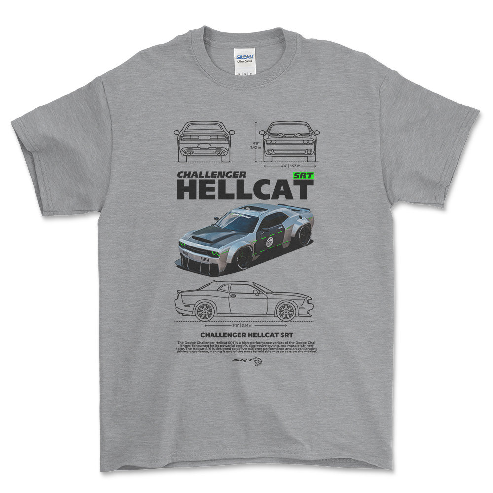 Dodge Challenger Hellcat SRT - Unisex T-Shirt , Bomuld-Beklædning-Dodge-Grå Sport-S-Forside-Garage Culture Shop- garage - man cave - merchandise
