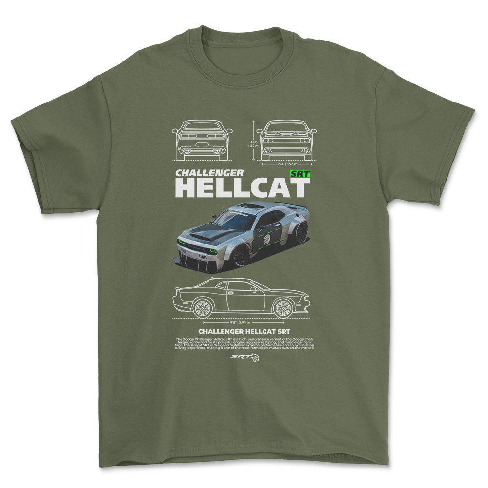 Dodge Challenger Hellcat SRT - Unisex T-Shirt , Bomuld-Beklædning-Dodge-Grøn Militær-S-Forside-Garage Culture Shop- garage - man cave - merchandise