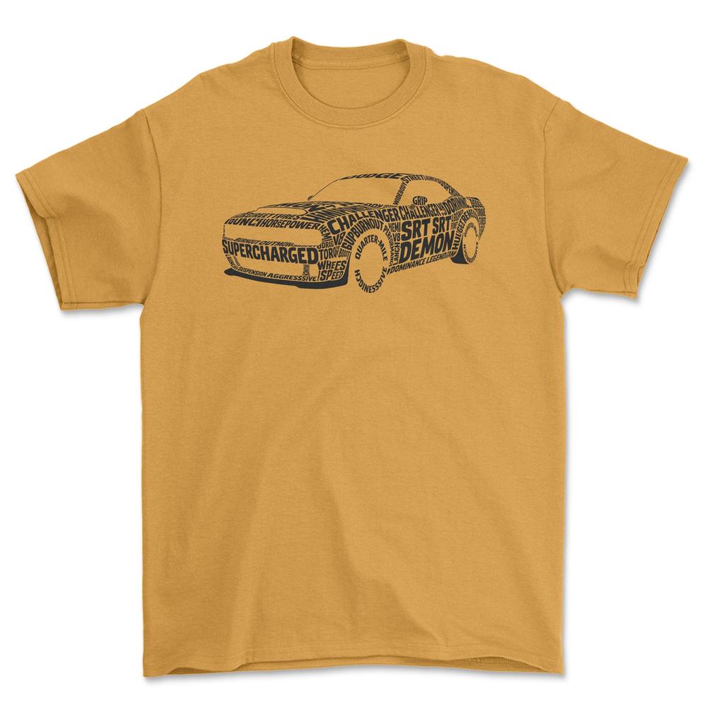 Dodge Challenger SRT Demon Old School Typography - Unisex T-Shirt-Beklædning-Dodge-Guld-S-Forside-Garage Culture Shop- garage - man cave - merchandise