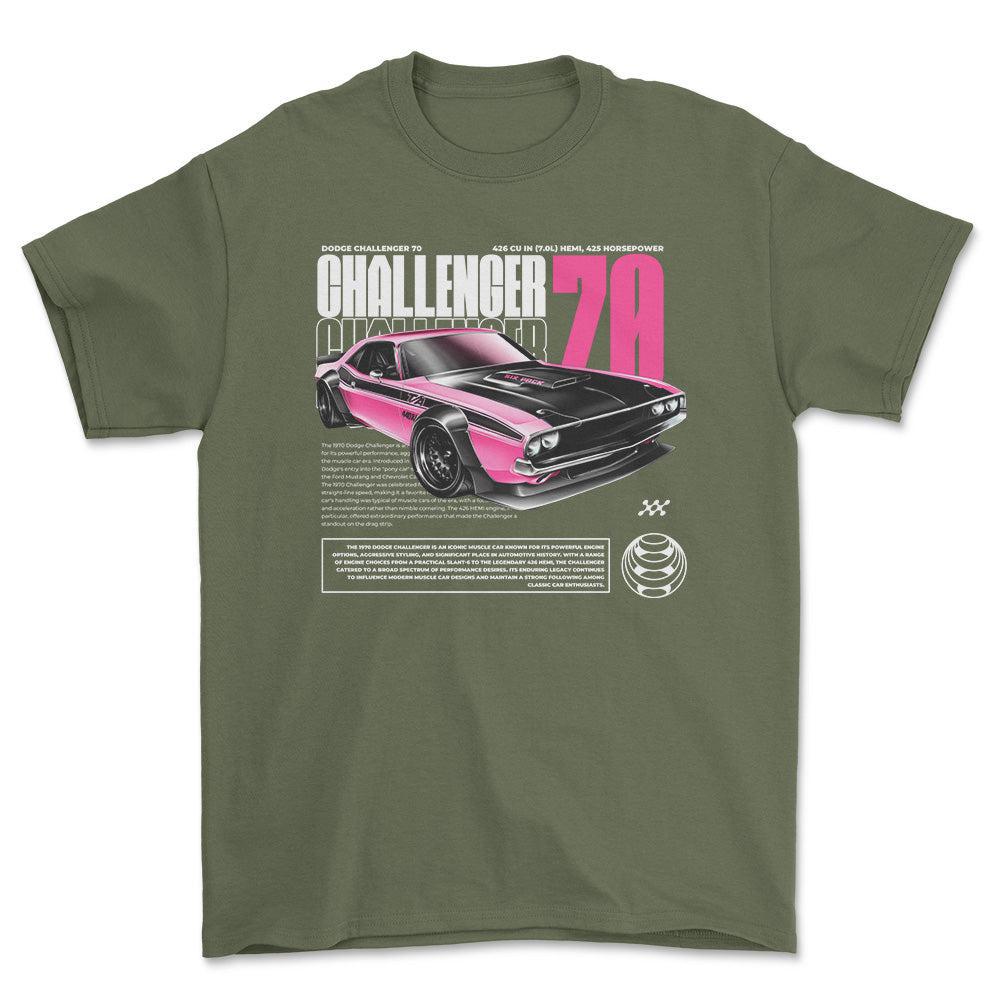 Dodge Challenger - Unisex T-Shirt , Bomuld-Beklædning-Dodge-Grøn Militær-S-Forside-Garage Culture Shop- garage - man cave - merchandise