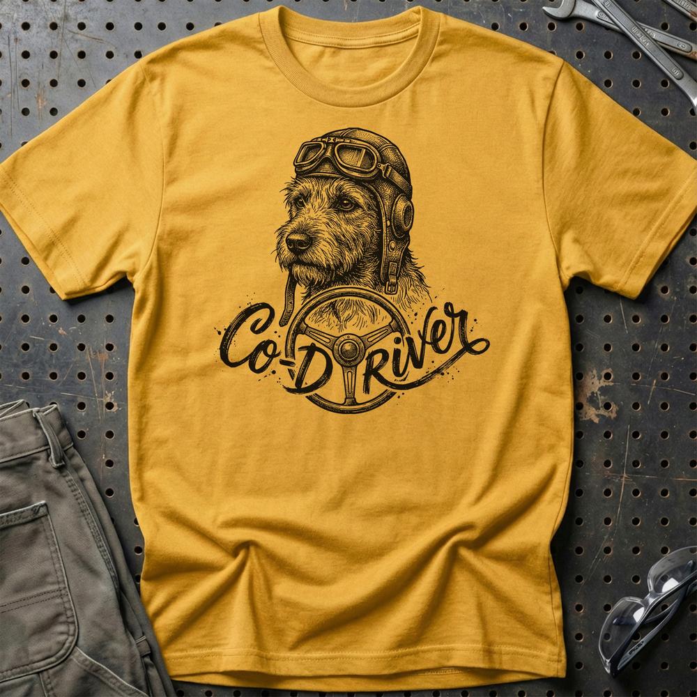 Dog Co-Driver - Unisex T-Shirt , Bomuld-Beklædning-Garage Culture-Guld-S-Garage Culture Shop- garage - man cave - merchandise