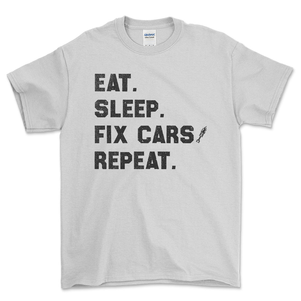 Eat Sleep Fix Cars Repeat T-Shirt , Bomuld-Beklædning-Garage Culture-Hvid-S-Forside-Garage Culture Shop- garage - man cave - merchandise